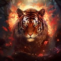 Fiery Feline - A mystical tiger adorned with blazing patterns prowling through a lush forest