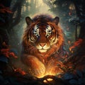 Fiery Feline - A mystical tiger adorned with blazing patterns prowling through a lush forest