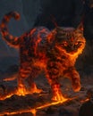 Fiery Feline Striding Through a Volcanic Landscape