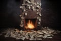 Fiery fireplace amidst a sea of banknotes, embodying the heat of financial struggles and budget constraints