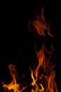 Fiery flame with sparks on a black background. Texture element for barbecue or cooking