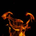 Fiery flame with sparks on a black background. Texture element for barbecue or cooking