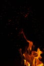 Fiery flame with sparks on a black background. Texture element for barbecue or cooking