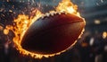 Fiery Football Explosion A Pigskin Engulfed in Flames Against a Dramatic, Dark Backdrop Royalty Free Stock Photo