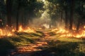 Fiery Forest Path Burning Grass & Trees, Dramatic Nature Scene Royalty Free Stock Photo