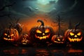 Fiery fright night Halloween pumpkins with scary faces, vector illustration