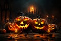 Fiery fright night Halloween pumpkins with scary faces, vector illustration