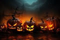 Fiery fright night Halloween pumpkins with scary faces, vector illustration