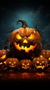 Fiery fright night Halloween pumpkins with scary faces, vector illustration