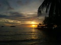 Fiery glow sunset over a beautiful tropical beach and ocean water. Different colours of clouds and the silhouette of palm tree. Royalty Free Stock Photo