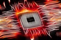 Fiery glowing cpu on motherboard, computer generated abstract ba