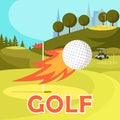 Fiery Golf Ball Fly Near Hole Marked with Red Flag Royalty Free Stock Photo