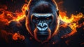Fiery Gorilla portrait with intense gaze, surrounded by flames, dark background. Royalty Free Stock Photo