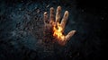 Fiery handprint on burnt earth symbolizing destruction and renewal Royalty Free Stock Photo