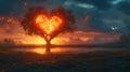 Fiery Heart Tree Sunset Landscape, Romantic Fantasy Art Royalty Free Stock Photo