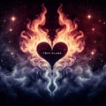 Fiery heart. Twin flame logo. Esoteric concept of spiritual love. Illustration on black background for web sites