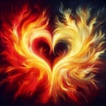 Fiery heart. Twin flame logo. Esoteric concept of spiritual love. Illustration on black background for web sites