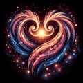 Fiery heart. Twin flame logo. Esoteric concept of spiritual love. Illustration on black background for web sites