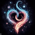 Fiery heart. Twin flame logo. Esoteric concept of spiritual love. Illustration on black background for web sites