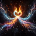 Fiery heart. Twin flame logo. Esoteric concept of spiritual love. Illustration on black background for web sites, wallpapers and