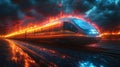 Fiery high-speed train racing through stormy night Royalty Free Stock Photo
