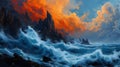 Fiery Horizons: A Majestic Mountain Ocean Sunset of Blood, Waves