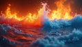 Fiery inferno clashes with ocean waves. Water extinguishes burning flames in dynamic contrast. Elements of fire and water collide Royalty Free Stock Photo