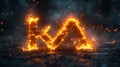 Fiery initials KA burning, dark background, sparks, intro sequence Royalty Free Stock Photo