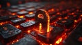 Fiery keyboard, glowing padlock, cyber attack warning Royalty Free Stock Photo