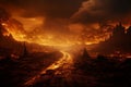 A fiery landscape depicting a highway to hell, Generative Ai Royalty Free Stock Photo