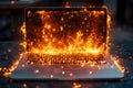 Fiery Laptop Scene: Concept of Technology Overload and Data Loss Risk Generative AI Royalty Free Stock Photo
