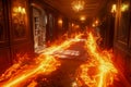 Fiery Lava Flow Engulfs a Luxurious Vintage Mansion Interior, Illuminating Ornate Hallway