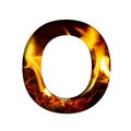 Fiery letter O from white paper on a background of fire in a fireplace or stove, decorative alphabet