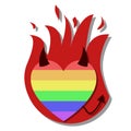 Fiery LGBT heart with evil horns and a tail. Vector icon for web design isolated on white background Royalty Free Stock Photo