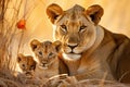 Fiery Lioness her cubs sunset. Generate Ai Royalty Free Stock Photo