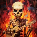 Fiery Low Poly Skeleton Guitarist: Earthy Expressionism In Hellish Background