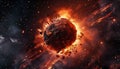 Fiery meteor flying in space crashing into a planet. AI Generated