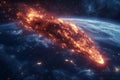 The fiery meteorite, resembling an exploding red fireball, falls towards the earth's surface in space. Royalty Free Stock Photo