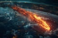 The fiery meteorite, resembling an exploding red fireball, falls towards the earth's surface in space. Royalty Free Stock Photo