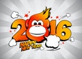 Fiery monkey against gray rays backdrop, 2016 Happy new year design.