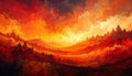 Fiery Mountain Landscape with Orange and Red Clouds Over Silhouetted Trees and Hills fire Royalty Free Stock Photo