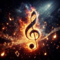 Fiery musical note in focus, with music notes blazing in the background, evoking a powerful Royalty Free Stock Photo