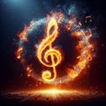 Fiery musical note in focus, with music notes blazing in the background, evoking a powerful Royalty Free Stock Photo