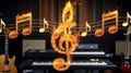 Fiery musical note in focus, with music notes blazing in the background, evoking a powerful Royalty Free Stock Photo