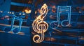 Fiery musical note in focus, with music notes blazing in the background, evoking a powerful Royalty Free Stock Photo