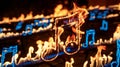Fiery musical note in focus, with music notes blazing in the background, evoking a powerful Royalty Free Stock Photo