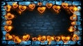 Fiery Neon Hearts on Icy Bricks: A Fusion of Warmth and Coolness Royalty Free Stock Photo