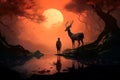 Fiery nocturn image with human and deer silhouette at the lake. Generate ai Royalty Free Stock Photo