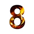 Fiery number eight, 8 from white paper on a background of fire in a fireplace or stove, decorative alphabet