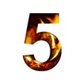 Fiery number five, 5 from white paper on a background of fire in a fireplace or stove, decorative alphabet